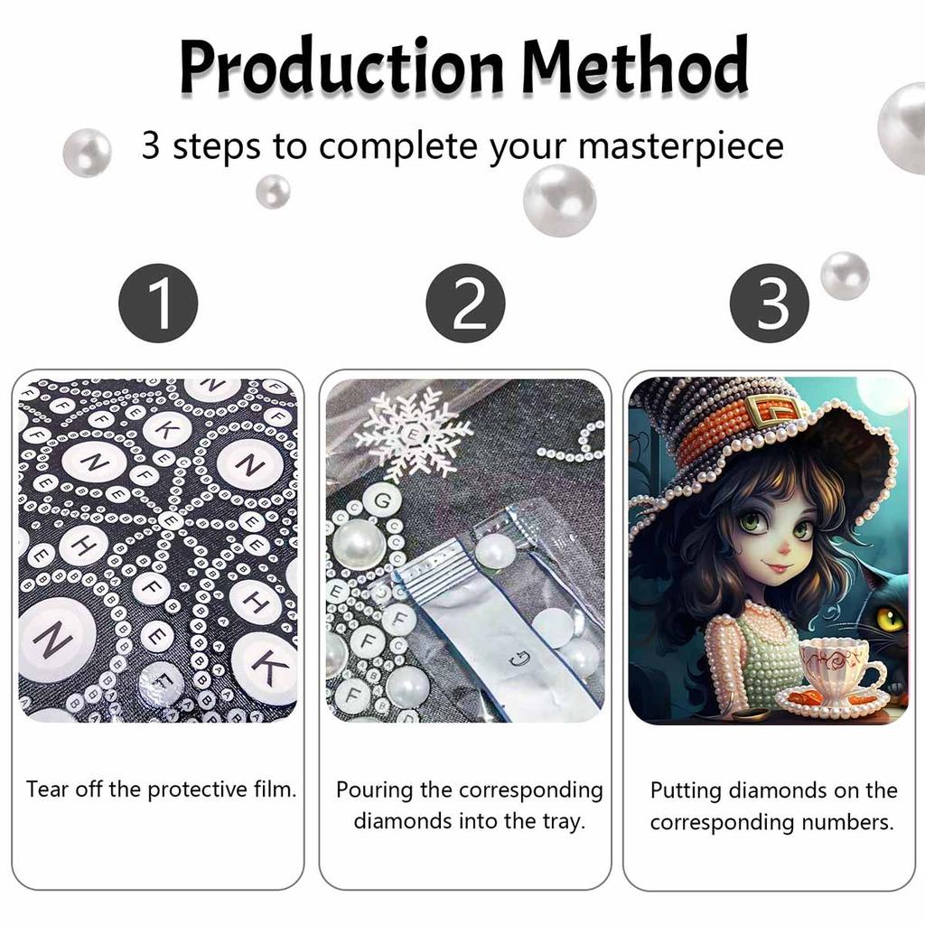 Halloween pearl painting art full pearl handmade diy home decorations witch with black cat and tea cup design