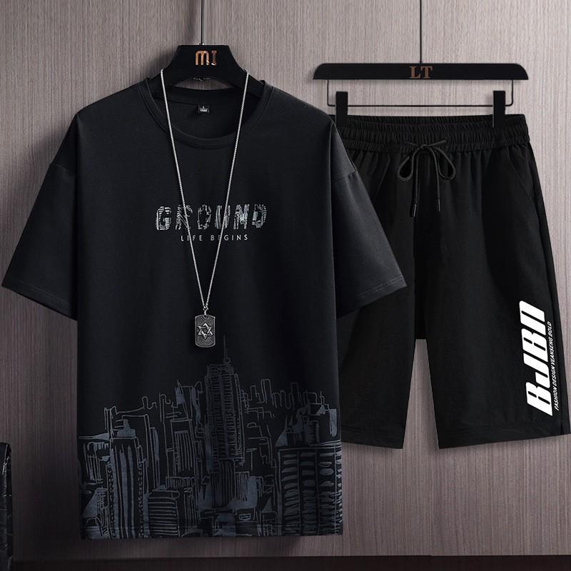 Short-sleeved T-shirt Suit Men's Summer New Snow Mountain Print Fashion Trend Korean Version of Slim Large Size Sports Two-piece