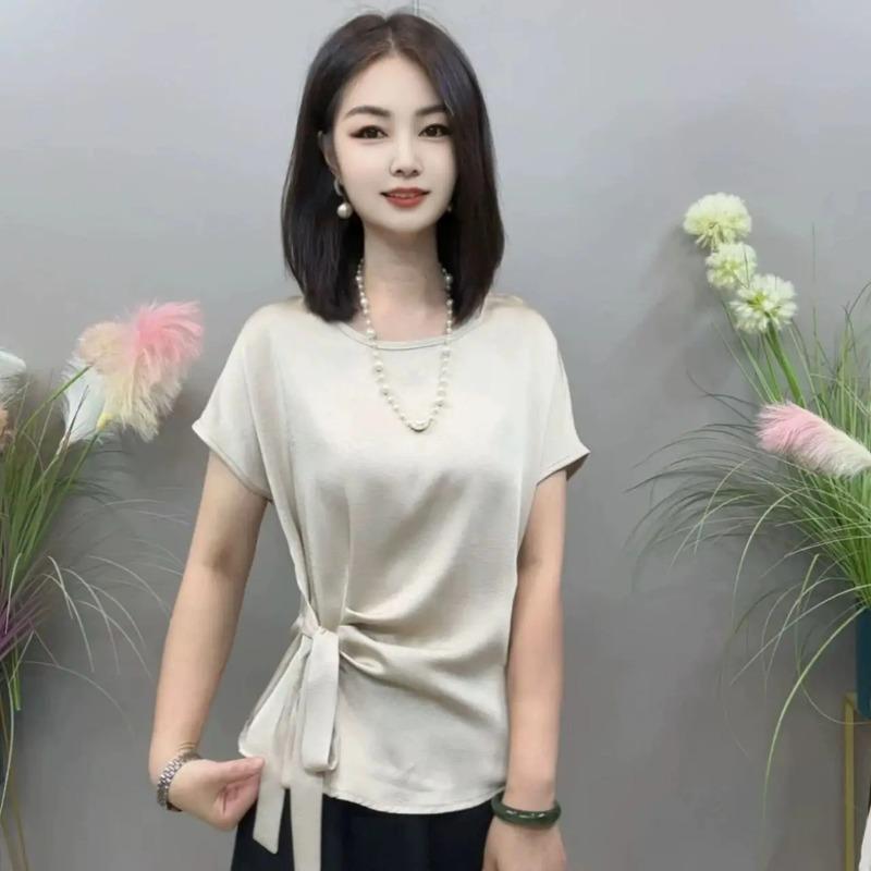 Womens Casual Solid Color Tie Waist Short Sleeve Blouse