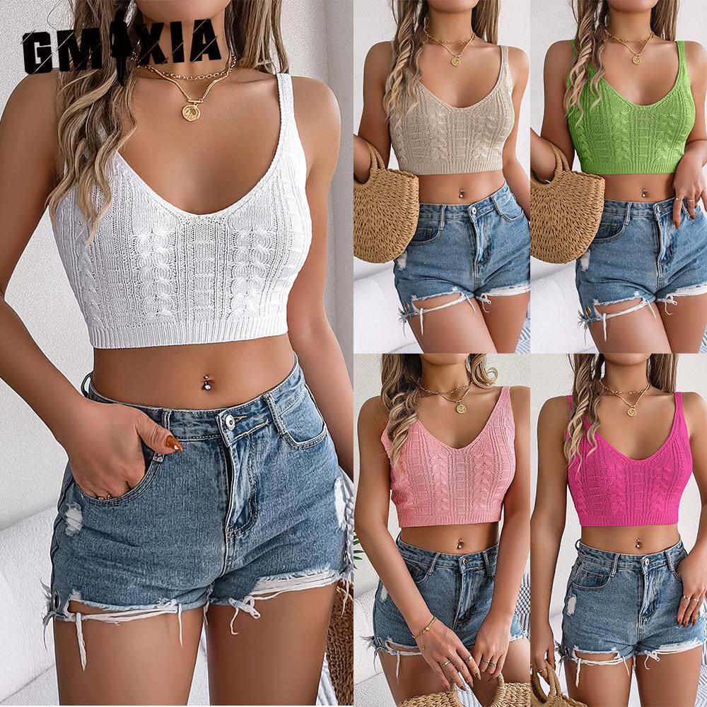GMXIA Spring Summer Solid V-neck Twisted Crop Crop Top Vacation Knitted Sweater Women's Wear