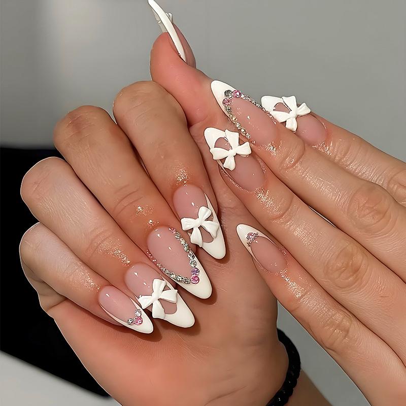 24Pcs Almond French Tip Press On Nails Nude With 3D Bowknot Design Reusable Stick On False Nails