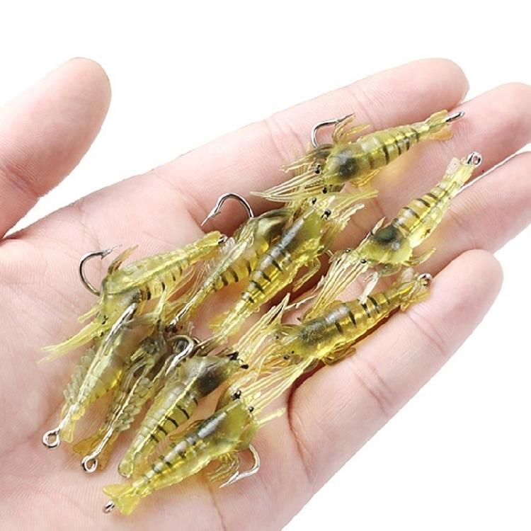 10PCS Appâts de Pêche Crevette Souple Lumineuse avec Hameçons pour Achigan Truite Poisson-chat