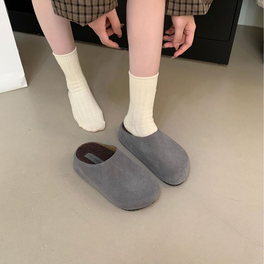 2025 autumn and winter new round head fur leather matte thick bottom outer wear Boken lazy drag