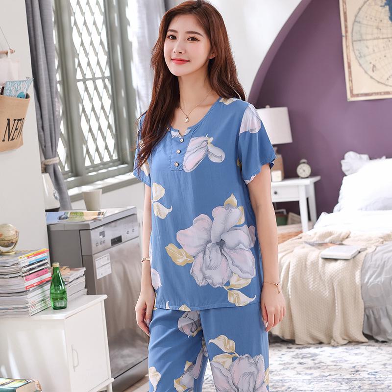 Pigiama Primavera Estate Maniche Corte Pantaloni Lunghi Cotone Tuta Homewear Taglia Plus Extra Large