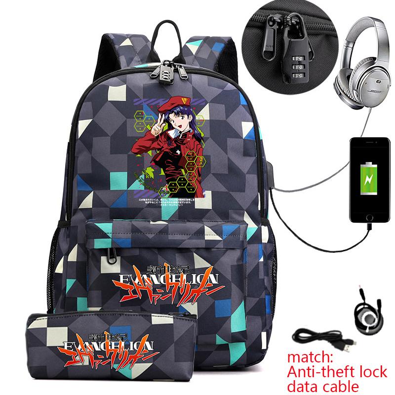 Evangelion Anime Print Student Anti-diefstal Rugzak Casual Dagrugzak met Etui voor Jongens Meisjes Schooltas