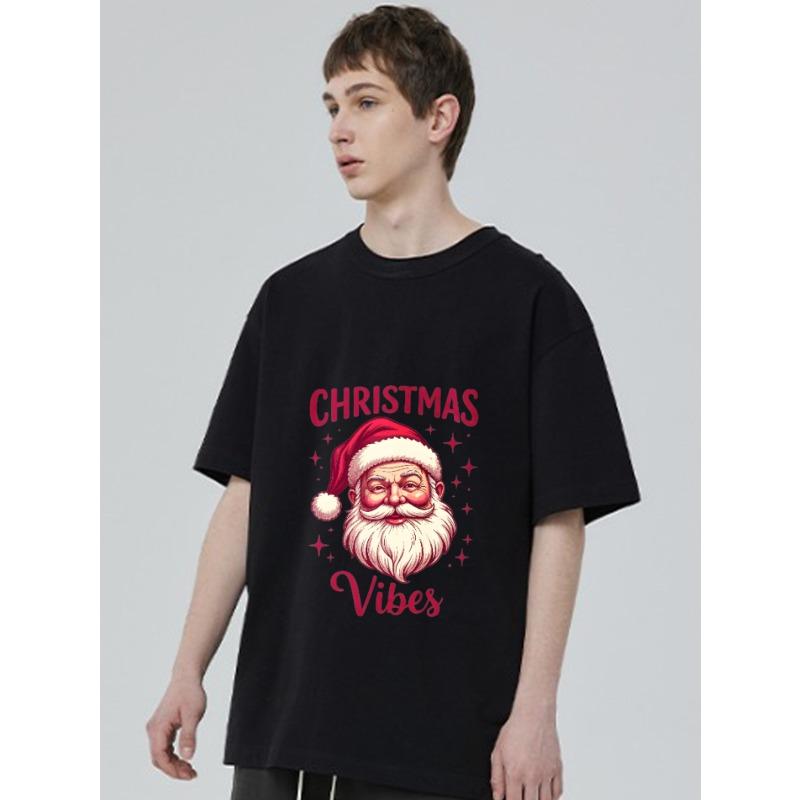 Christmas Vibes Santa Claus Print Black T-Shirt for Holiday Party and Festive Occasions