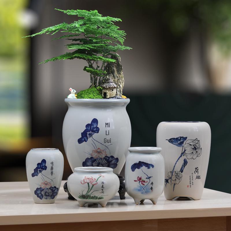 Blue & White Porcelain Flower Pot with Tray for Asparagus Fern, Money Tree, Orchid, Succulents & Bonsai