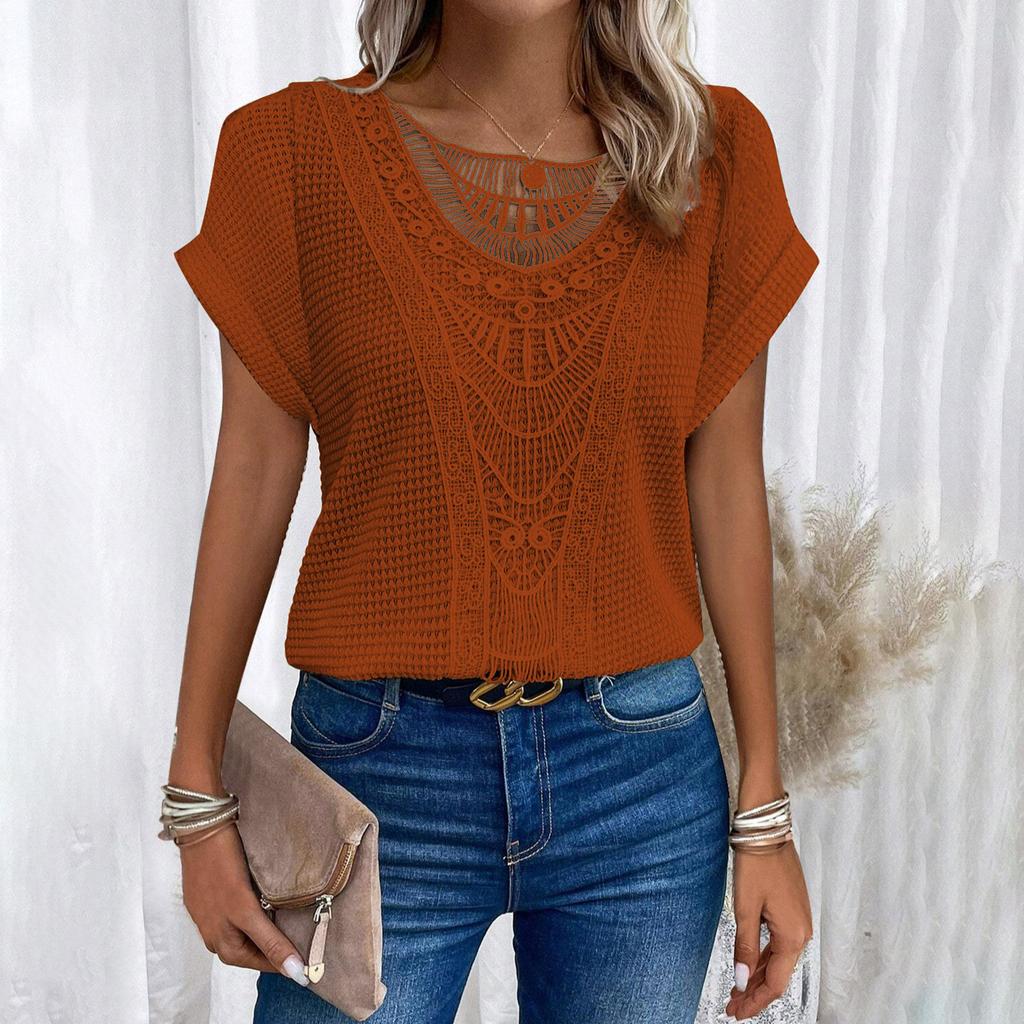 Women’s Short Sleeve Crochet Knit Top with Round Neck and Hollow Out Pattern for Casual Daily Wear