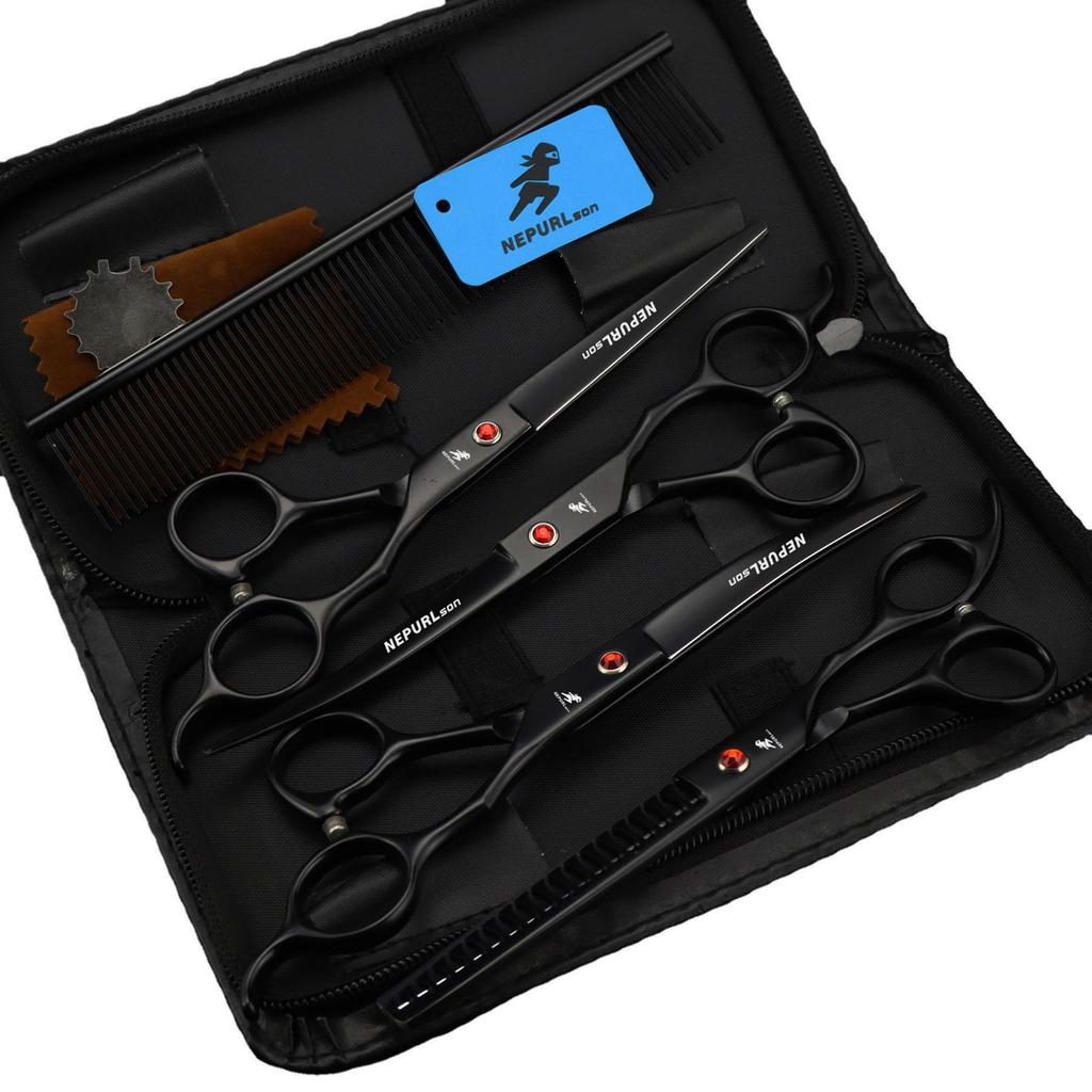 7.0" Black Grooming Scissors Set: 4-Piece Straight Shears with Comb