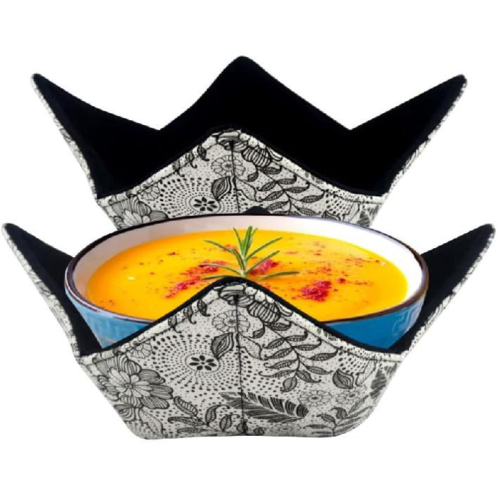 2 Pcs Microwave Safe Hot Bowl Holder Potholders - Keep Hands Cool and Food Warm - Multipurpose Bowl Cozy for Soup Rice Pasta(Black)