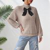 Women's Top, Semi-high Neck Pullover Sweater, Mesh Bow Patchwork Mixed Color Fleece, Autumn and Winter Base Layer
