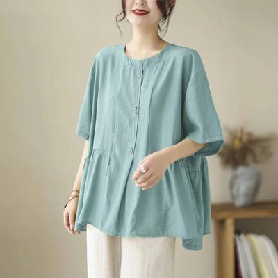 Cotton Shirt Big Size Women's Loose Comfortable Shirt Linen T-shirt Solid Color Casual Short Sleeve Tops