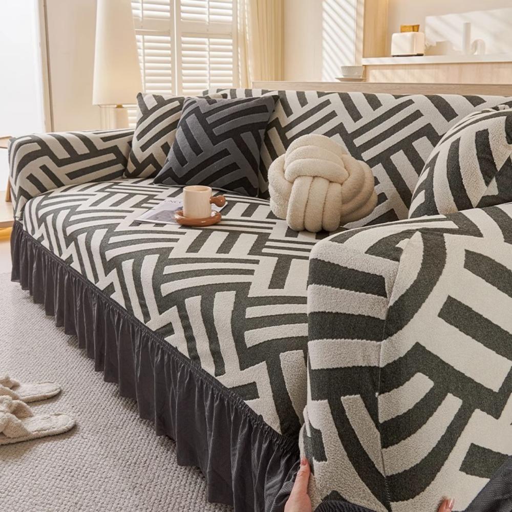 Jacquard Sofa Cover with Skirt Universal Full Coverage Stretch Slip Proof Fabric Couch Dust Protector