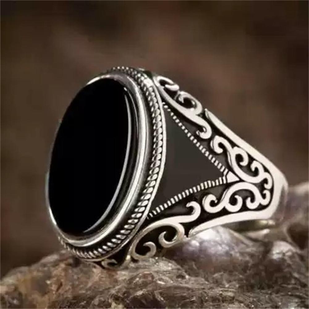 Vintage Men's Handmade Turkish Black Zircon Stone Ring Ancient copper Color Pattern Ring Trendy Islamic Religious Muslim Jewelry