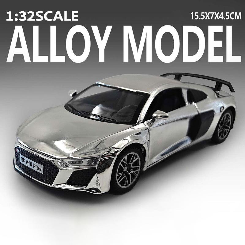 1:32 R8V10 RS6 Sports Car Toy Model Alloy Body Rubber Tires Models Sound Light Pull Back Supercar Collection Gifts for Children