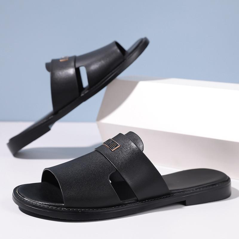 Pantoufles pour Hommes Pantoufles en Cuir de Luxe Été Nouvelles Pantoufles à Bout Ouvert pour Hommes Sandales Plates Décontractées Grande Taille 48 Chanclas Hombre