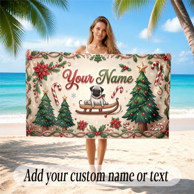 Christmas Winter Theme Soft Beach Towel Personalized Custom Name Text Towel Portable for Beach Pool Travel