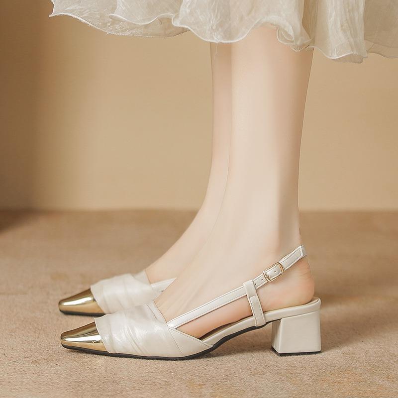 Baotou sandals women's summer new models with skirts, color matching mesh rear tripple straps, square head thick heel single shoes