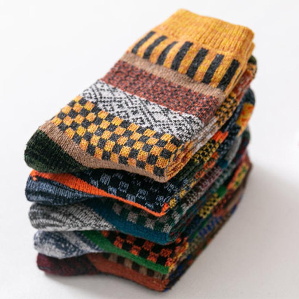 5Pairs Stripes Thicken Socks Winter Mid-Calf Wool Tube Socks Cozy Cotton Socks Men Hiking