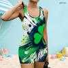 Women Plus Size Square Neck Wide Straps One Piece Boyshort Swimsuit Green Clover Printed