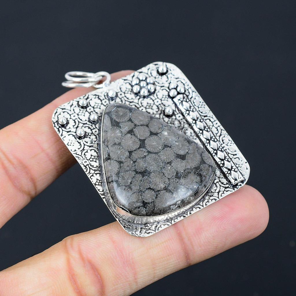 Easter Deal Sterling Silver Root Chakra Black Fossil Coral Gemstone Boho Pendant