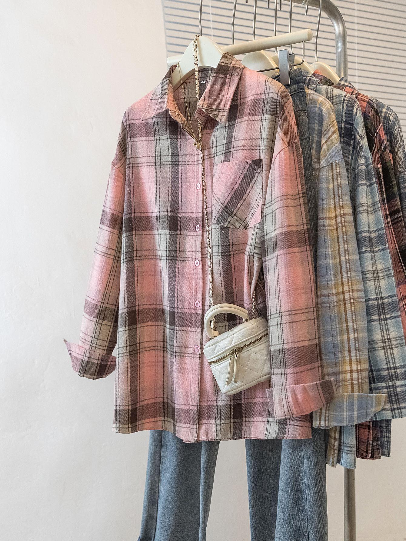 

Женская ретро-рубашка в сине-белую клетку с длинным рукавом 2025 - Осенняя коллекция, Свободный крой, Приталенная, Универсальная для многослойности. Large персиковый