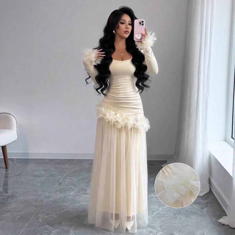 Spring and Autumn New Gauze Skirt High Waist Character Slim Dress Fashion Temperament Mesh Stitching Solid Color Dress S светло-желтого