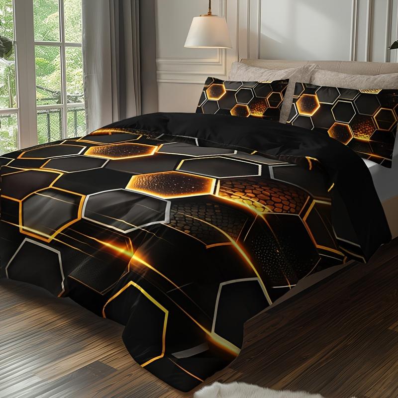 3pcs Golden Diamond Geometric Bedding Set -1 Duvet Cover 2 Pillowcases Breathable  Machine Washable - Perfect for All Seasons