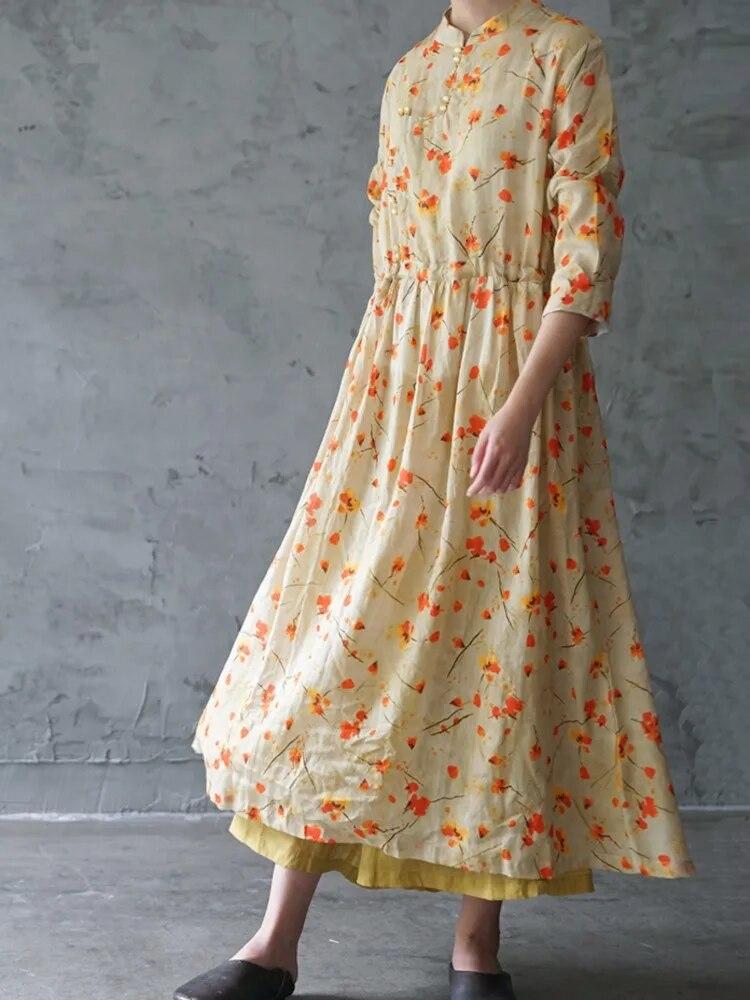 Johnature Kvinner Vintage Shirtdress Print Floral Stand Langermet Spring Button A-Line kinesisk stil Kjole