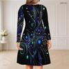 Women Plus Size V Neck Long Sleeve Printed Black Green Gold Curved Hem Dress