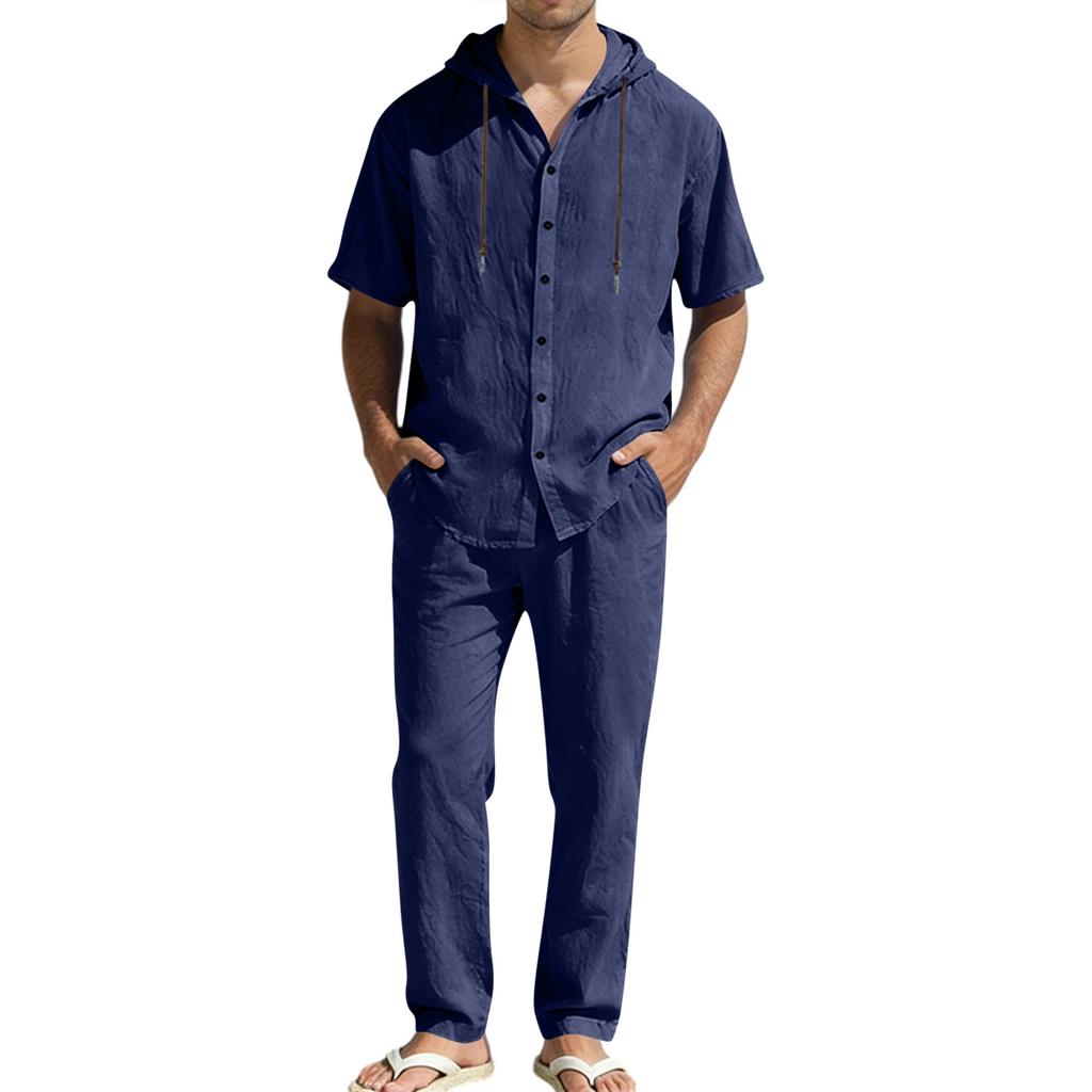 Men's Summer Casual Linen Set: Short-Sleeve Hooded Shirt And Loose-Fit Pants