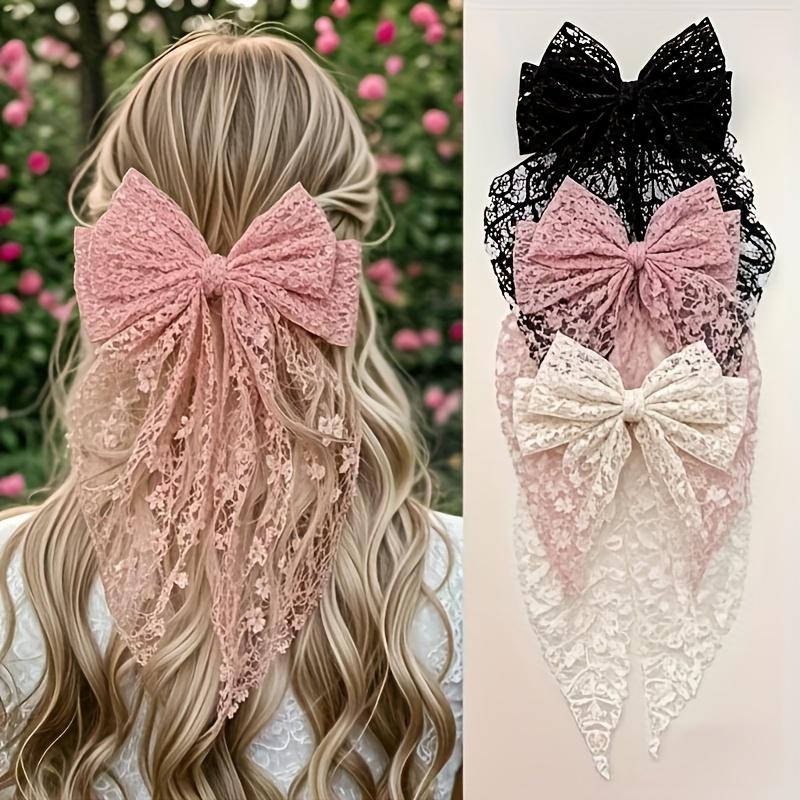 3Pcs Elegant Lace Bow Hairpin - Black, Pink - Elegant Bow Hairpin,
