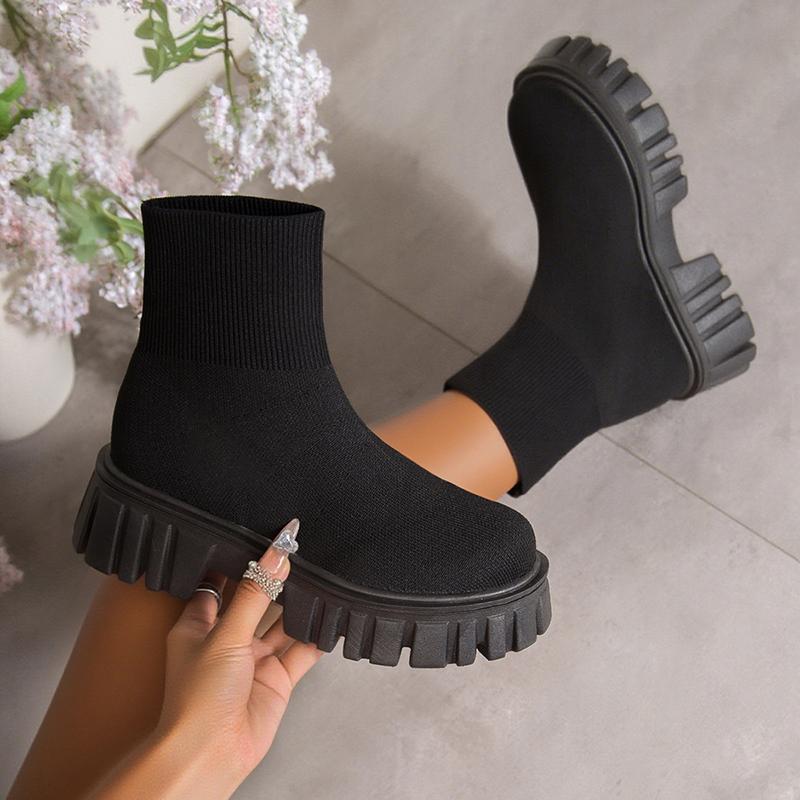 Fashion Fashion Black Slip On Platform Boots for Women Thick Sole Knitting Ankle Boots Woman Spring Autumn Comfort Non Slip Sock Booties