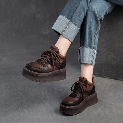 GKTINOO 2024 Spring New Genuine Leather Flat Platform Shoes Retro Round Toe Lace-up Women's Thick Sole Elevated Shoes
