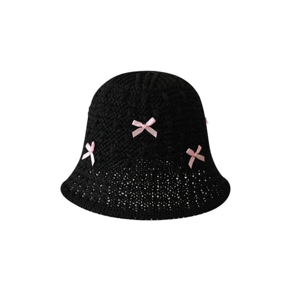 

Portable Solid Color Women Fisherman Hat Weave Straw Bow Bucket Hat Korean Style Wide Brim Sunscreen Visor Cap Outdoor чёрный