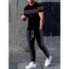 Letter Print Men's Autumn Warm Suit, Black And Brown Short-sleeved Top + Long Pants, Fashionable And Casual Two-piece Set