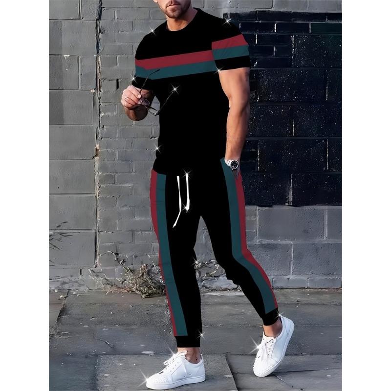 Letter Print Men's Autumn Warm Suit, Black And Brown Short-sleeved Top + Long Pants, Fashionable And Casual Two-piece Set