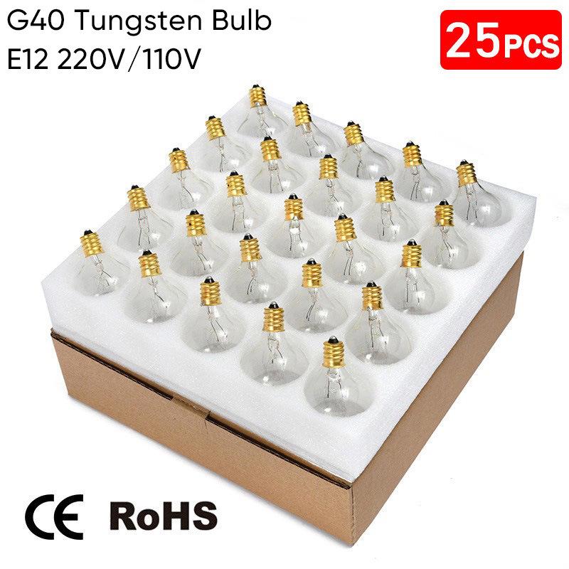 G40 Tungsten Filament Bulb, E12 220V, European Standard, Waterproof Outdoor Glass Incandescent Spare Bulb for Atmosphere Lighting.