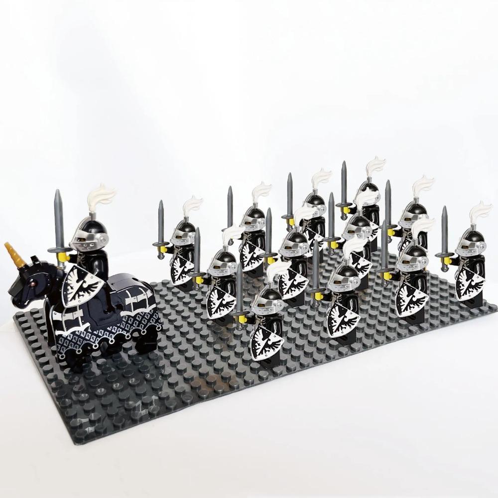 

13pcs Vintage Castle Kingdoms Red Dragon Royal Knights Horse Dark Blue Lion Army Solider Minifig Building Block Toys for Kids