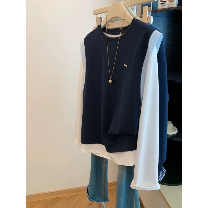 Women's Retro Color Block Long Sleeve Fake Two-Piece Top - Autumn/Winter Loose Fit