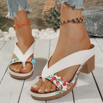 Fashion Women Peep Toe High Heels Sandals Summer Gladiator Shoes Chunky Heel Platform Women Sandals Flower Printing Ladies Heeled Shoes