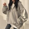 Moletom com Capuz Feminino Harajuku Solto Oversized Cor Sólida Meio Zíper Blusa de Moletom Casual Feminino Manga Longa Bolso Capuz Casacos