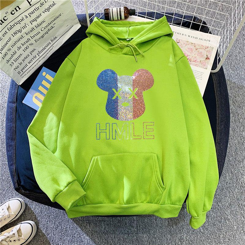 Winter Fall Women Fashion Cartoon Print Hooded Loose Velvet Warm Sweatshirt