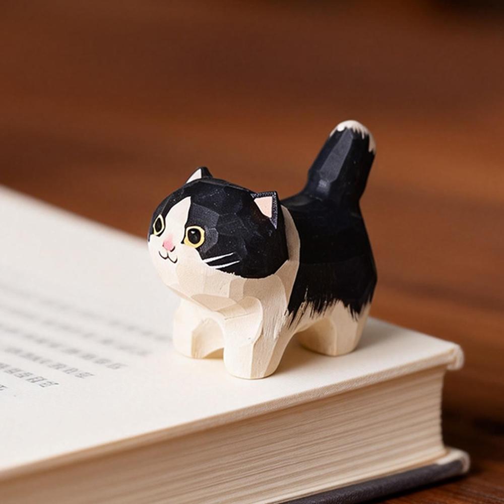 Cute Cat Animals Figurine Decorative Wooden Ornament Miniature Kitten Coffee Home Bedroom Office Desk Decoration Gift Statue