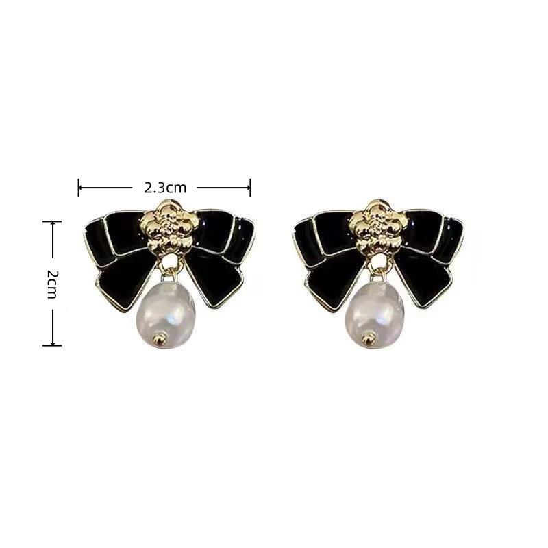 Trendy Black White Enamel Oil Bow Knot Drop Earrings For Women Elegant Imiation Pearl Dangle Earrings Wedding Party Jewelry Gift