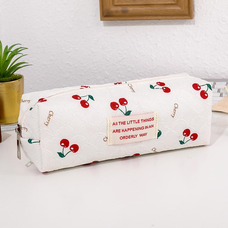 Red Cherry Cute Portable Student Pencil Case Stationery Bag High-value Large-capacity Zipper Storage Bag