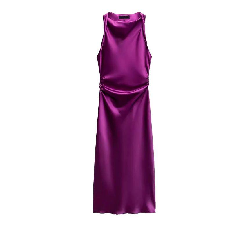 

Spring NEW round Neck Sleeveless Satin Texture Midi Skirt Dress 8372090 2124855 82090 Purple S