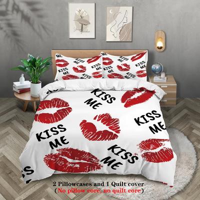 3pcs Red Lip Print Love Pattern Printed Bedding Set,for Teens and Adults,queen, King, Double Bed, for Bedroom, Guestroom, Hotel