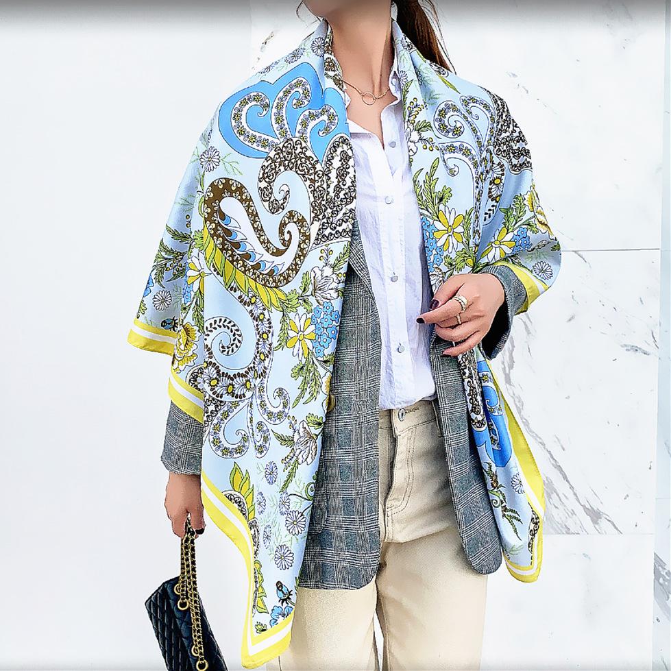 Silk Scarf Women Large Shawls Cashew Flower Print Stoles Square Bandana Luxury Kerchief Hijab Female Foulards 130CM