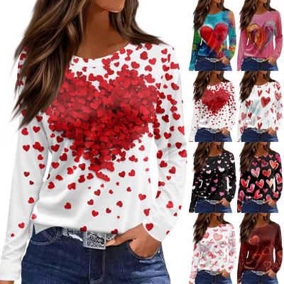 Women's Fashion Casual Slit Hem Round Neck Long Sleeve Loose  Printed T-Shirt Ladies Top